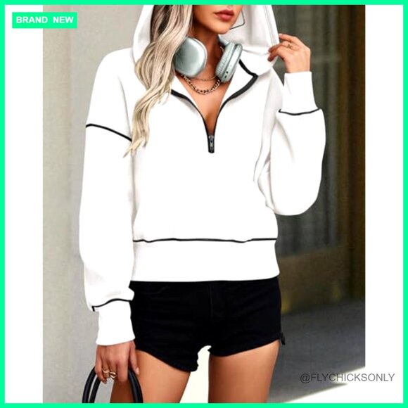 Cropped Half Zip Hoodie Fleece Lined Kangaroo Pocket Pullover Sweatshirt - Picture 5 of 7